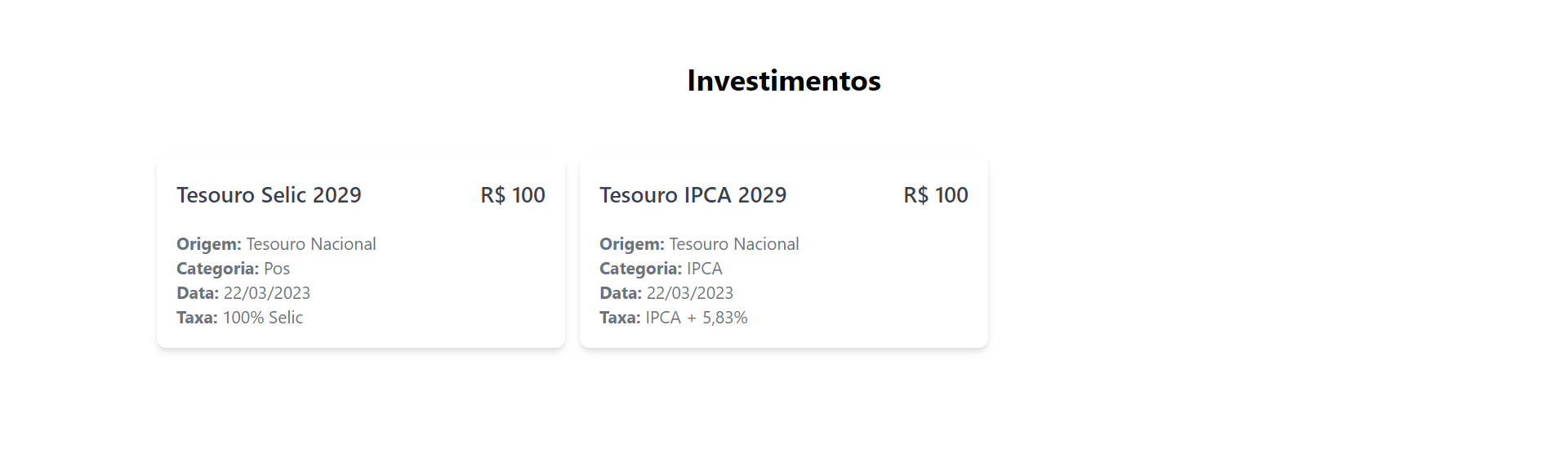 Listagem dos investimentos